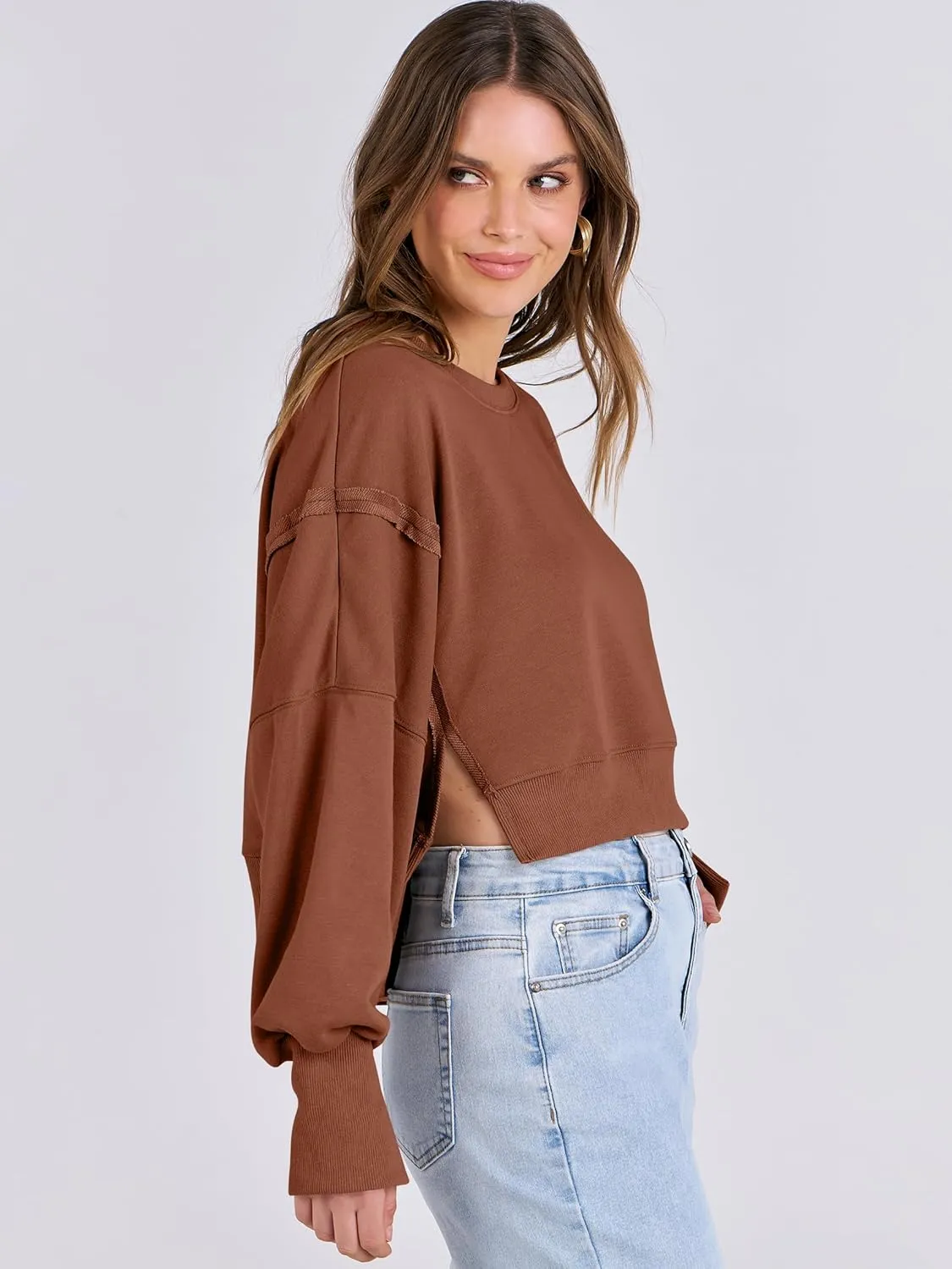 ANRABESS Womens Cropped Oversized Sweatshirts Crewneck Long Sleeve Pullover 2024 Fall Teen Girls Y2K Fashion Crop Tops
