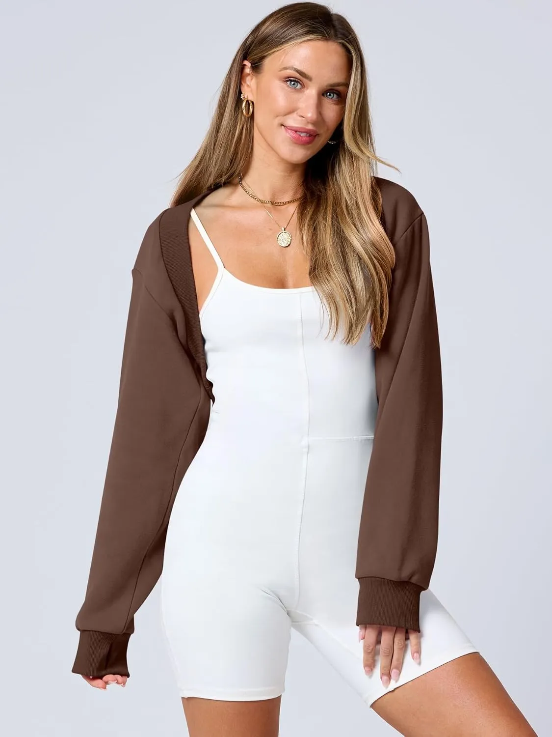 ANRABESS Womens Cropped Sweatshirt Long Sleeve Bolero Cardigan Open Front Shrug Workout Thumb Hole Y2K Tops Preppy Clothes