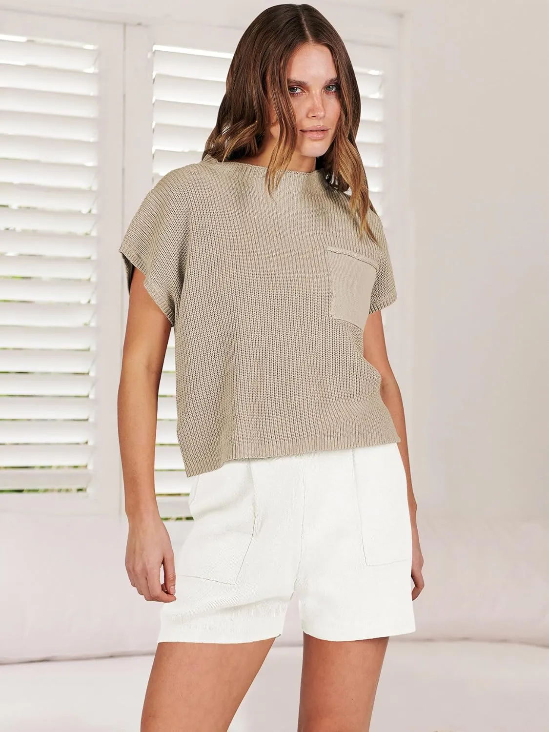 ANRABESS Women's Two Piece Summer Outfits Knit Sweater Short Sets Pullover Tops & Shorts Lounge Matching Clothes Set