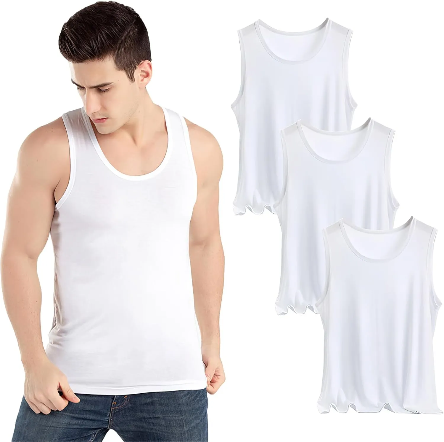ANUFER Mens Plus Size 3 Pack Soft Stretchy Vests Tank Tops Plain Sleeveless Undershirts Gym Workout Tops
