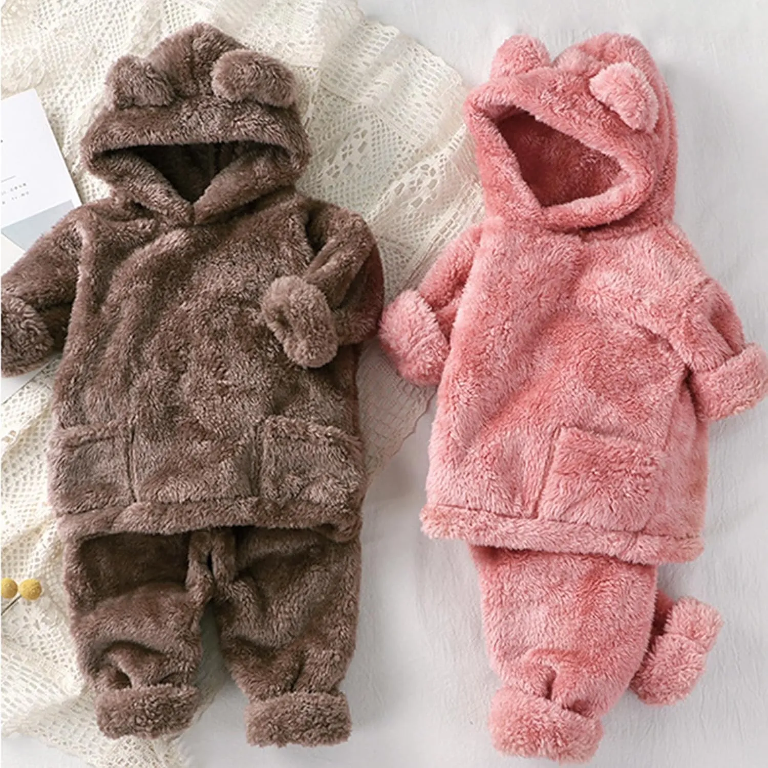 Arssm Girl Pants Sets Two Pieces Outfit Kids Bear Ear Fuzzy Fluffy Hoodie Sweatshirt with Fleece Sweatpants