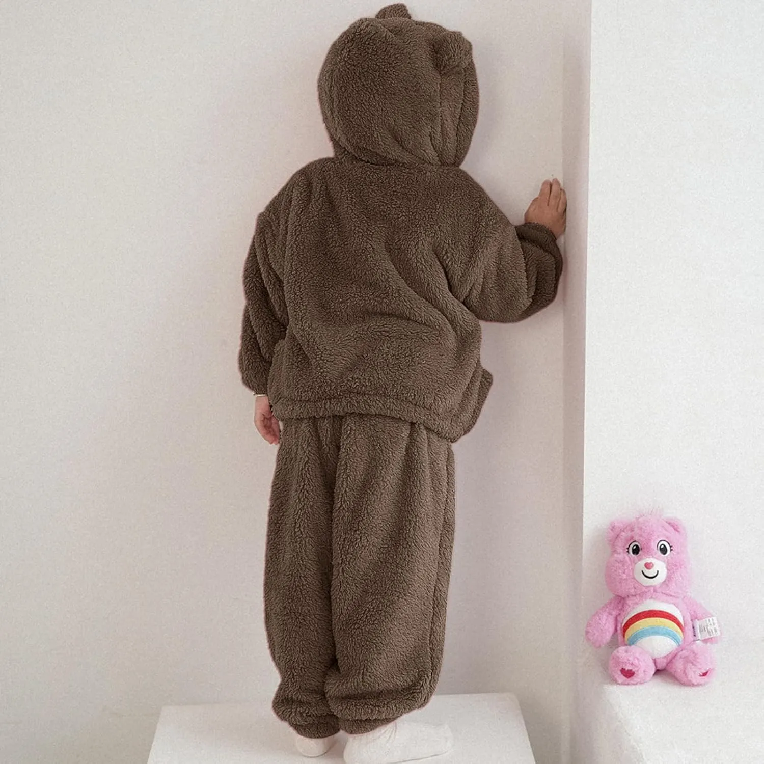 Arssm Girl Pants Sets Two Pieces Outfit Kids Bear Ear Fuzzy Fluffy Hoodie Sweatshirt with Fleece Sweatpants