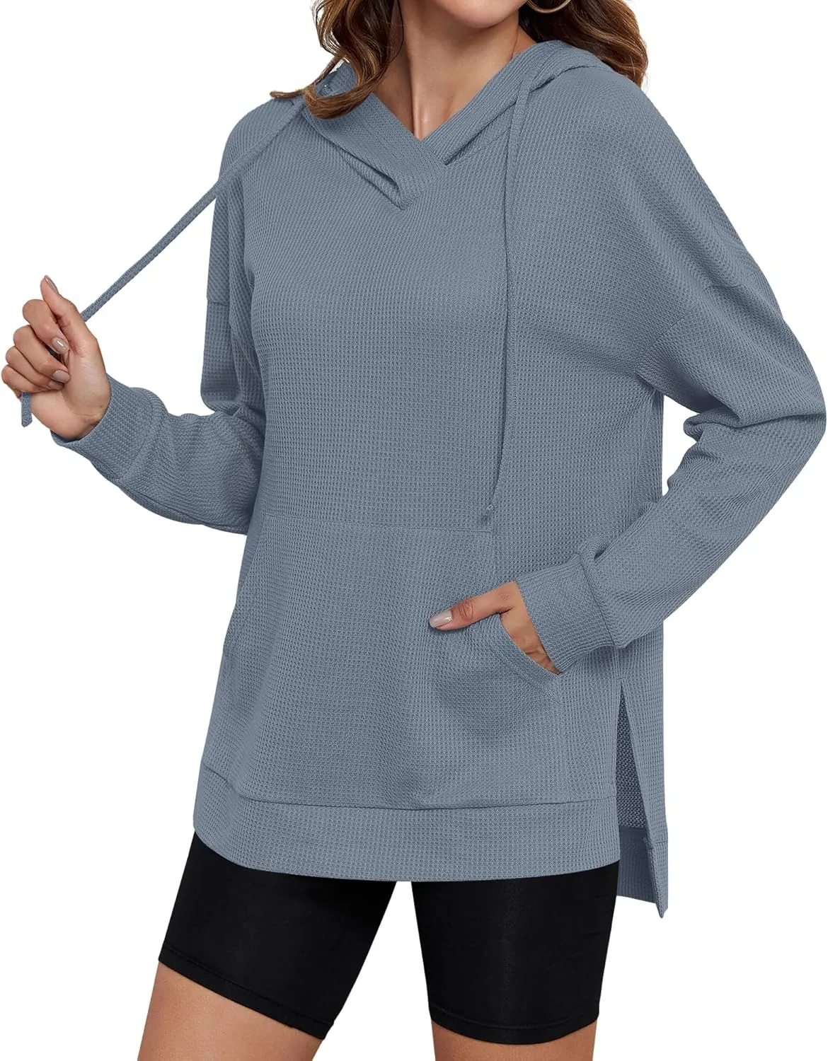 AUSELILY Womens Waffle Hoodies Ladies 2024 Sweatshirt Fall Long Sleeve Loose Side Slits Stacked V Neck Tops With Pockets