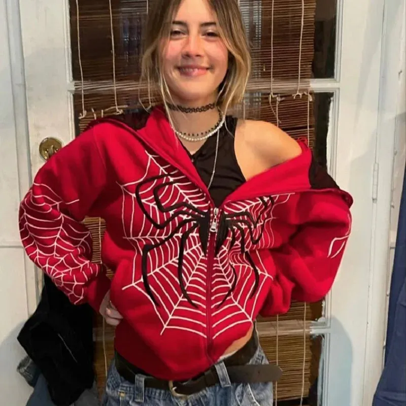 Back To School Joskaa 2000s Retro Mall Goth Aesthetics Sweatshirt Graphic Print Full Zip Hoodie Autumn Full Sleeve Loose Jackets Coats Y2K Streetwear