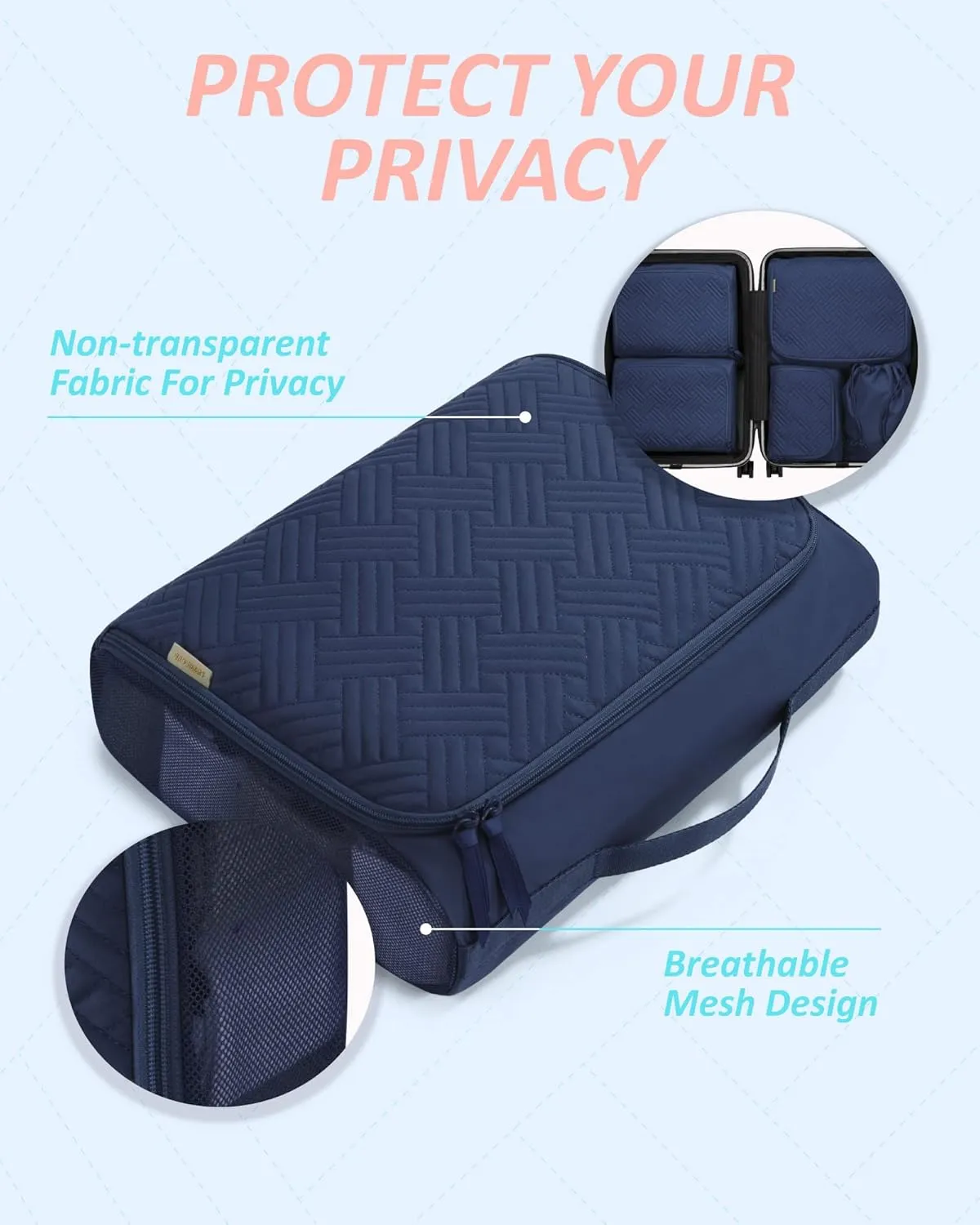 BAGSMART Quilted Packing Cubes for Travel, 6 Set Packing Cubes for Suitcases, Lightweight Travel Cubes (1 L 3 M 1 S 1 Shoe Bag) Suitcases Organizer, Dark Blue