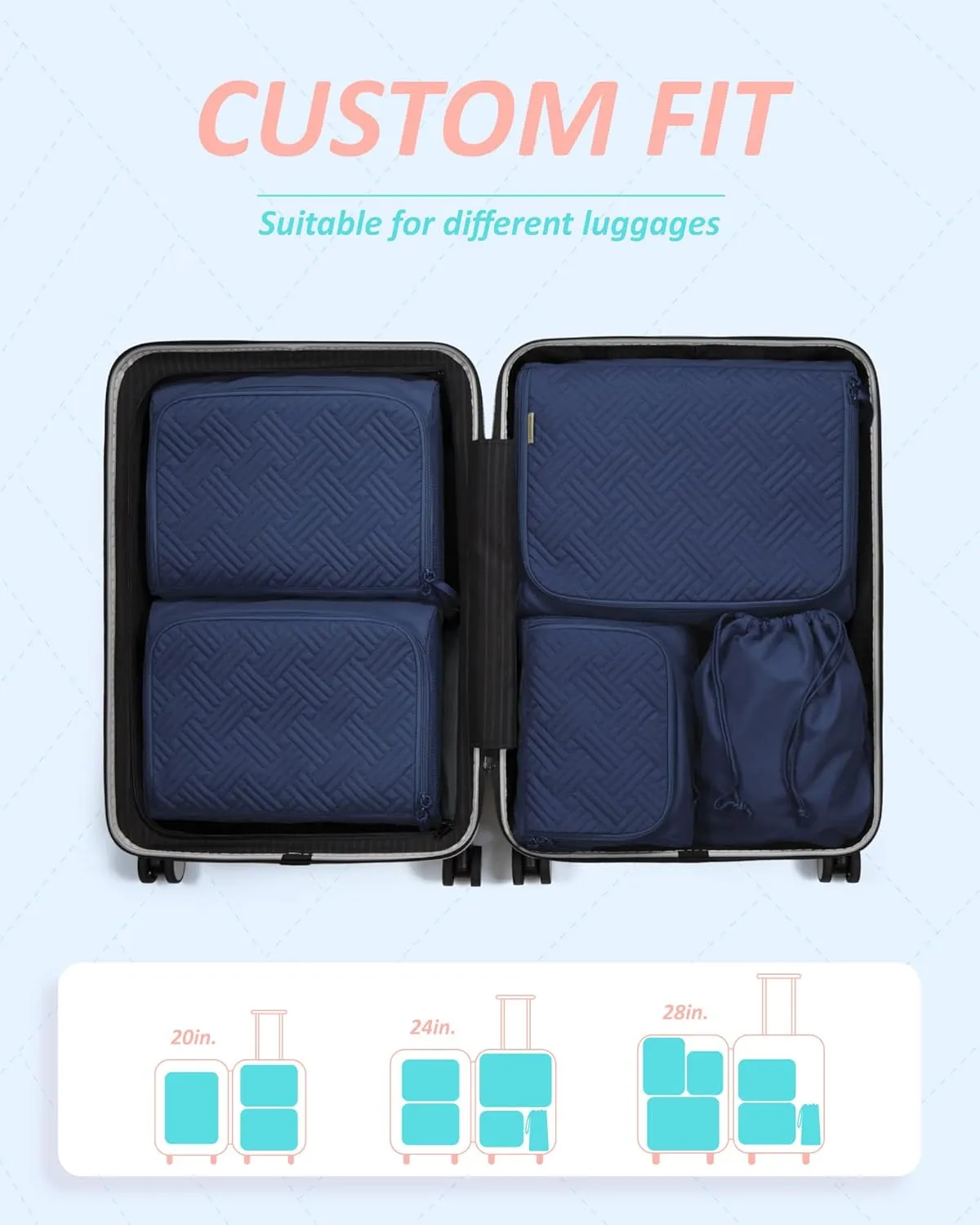 BAGSMART Quilted Packing Cubes for Travel, 6 Set Packing Cubes for Suitcases, Lightweight Travel Cubes (1 L 3 M 1 S 1 Shoe Bag) Suitcases Organizer, Dark Blue