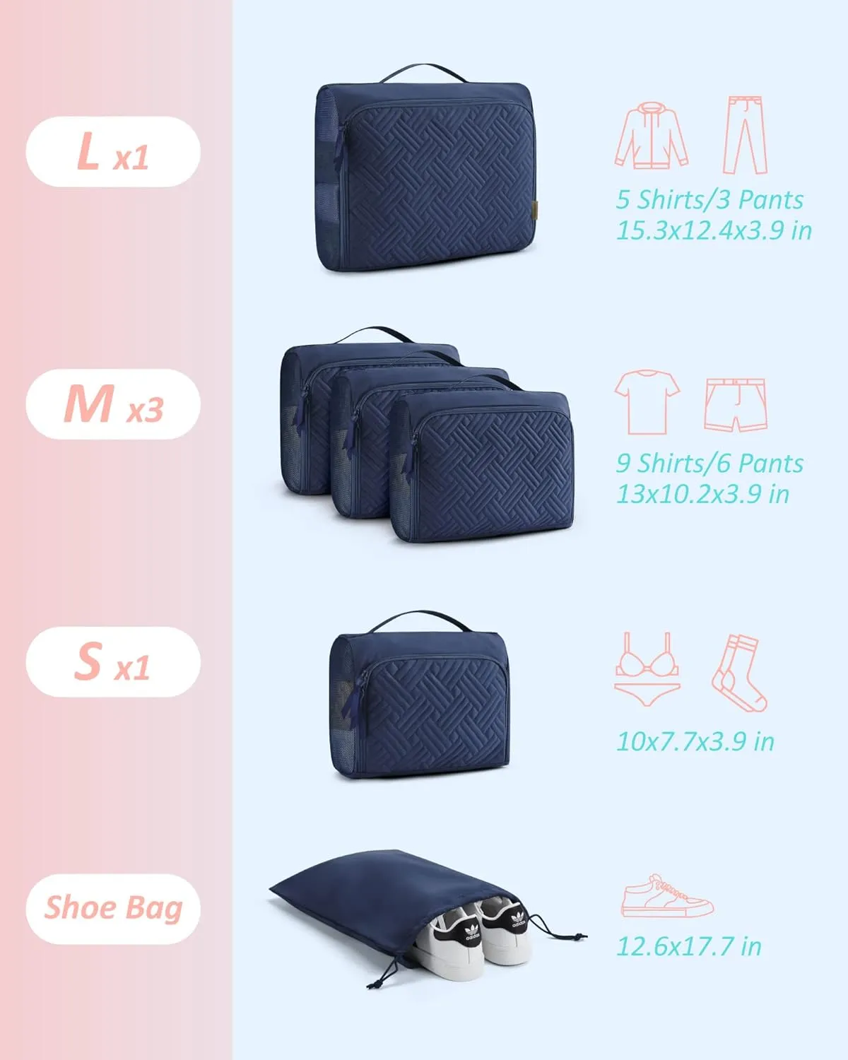 BAGSMART Quilted Packing Cubes for Travel, 6 Set Packing Cubes for Suitcases, Lightweight Travel Cubes (1 L 3 M 1 S 1 Shoe Bag) Suitcases Organizer, Dark Blue