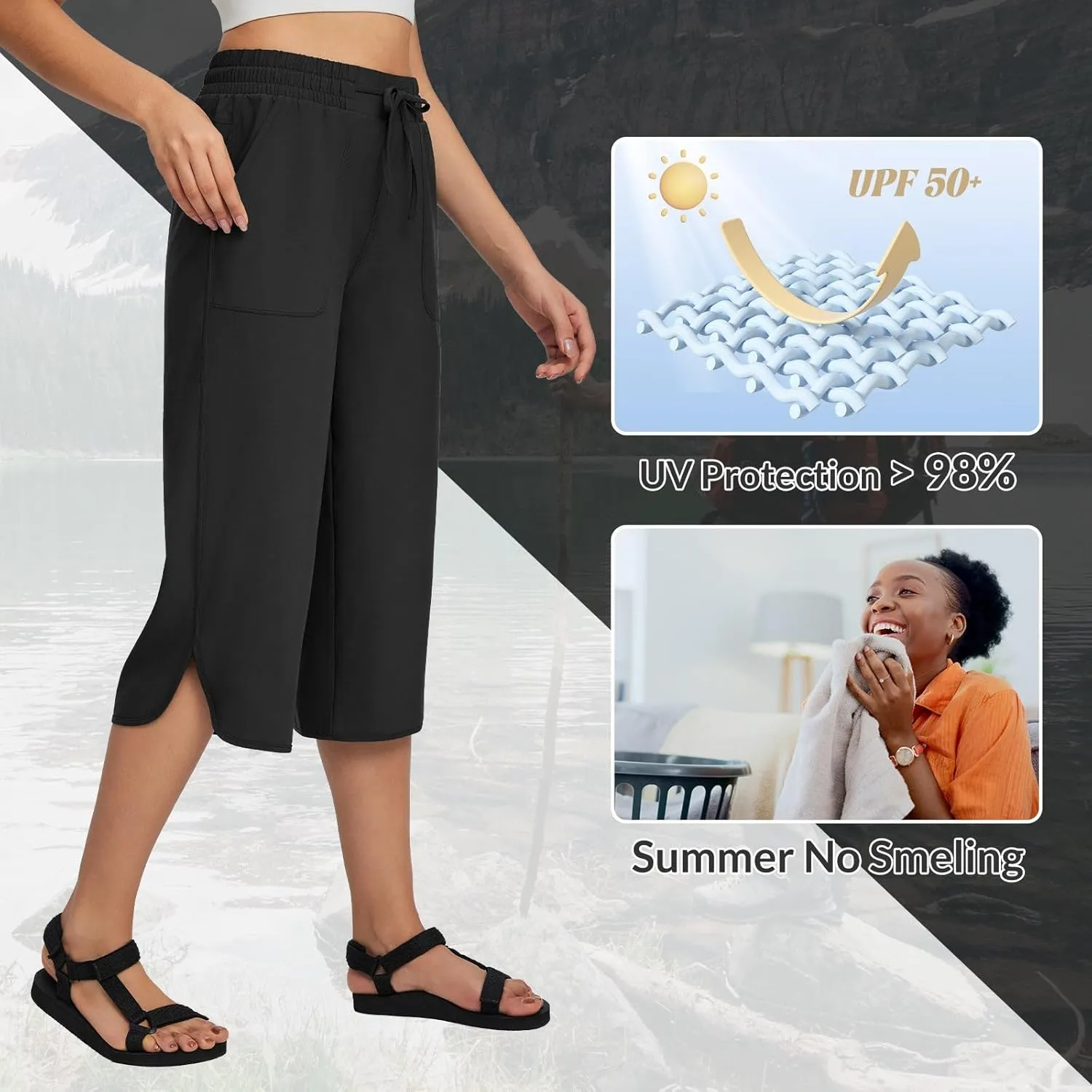 baleaf Women's Capri Pants Wide Leg Plus Size UPF50  Lightweight Quick Dry Pants Casual Loose Sweatpants Hiking Walking