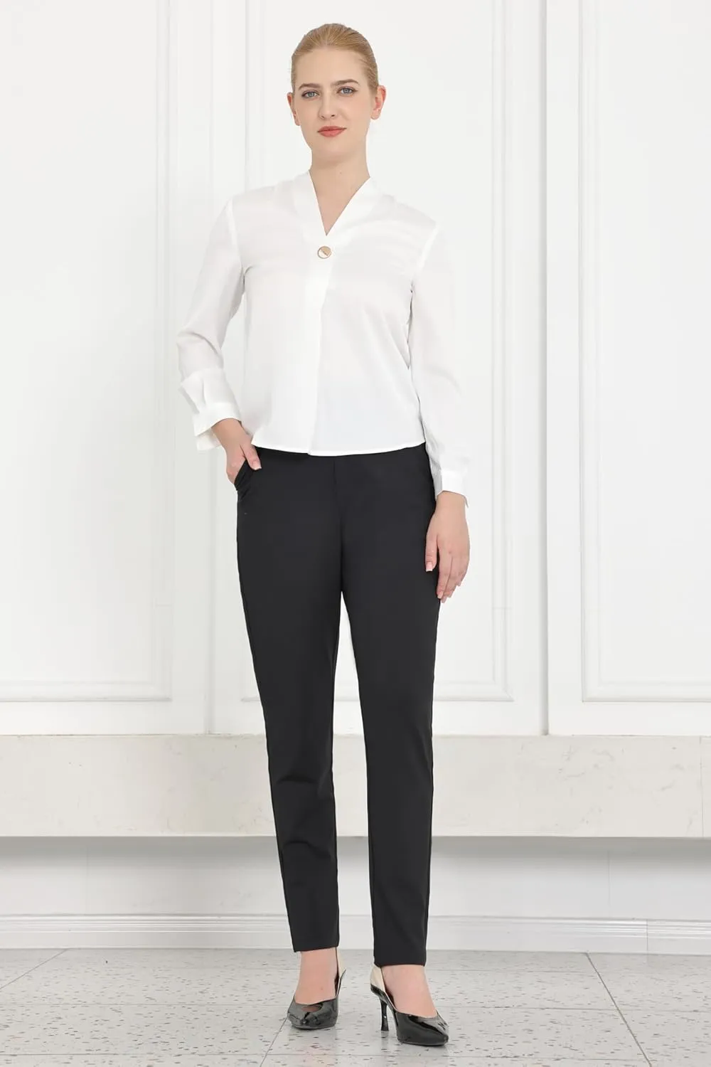 Bamans Dress Pants for Women High Waisted Skinny Leg Pants Work Business Trousers Formal Office Tummy Control Slacks