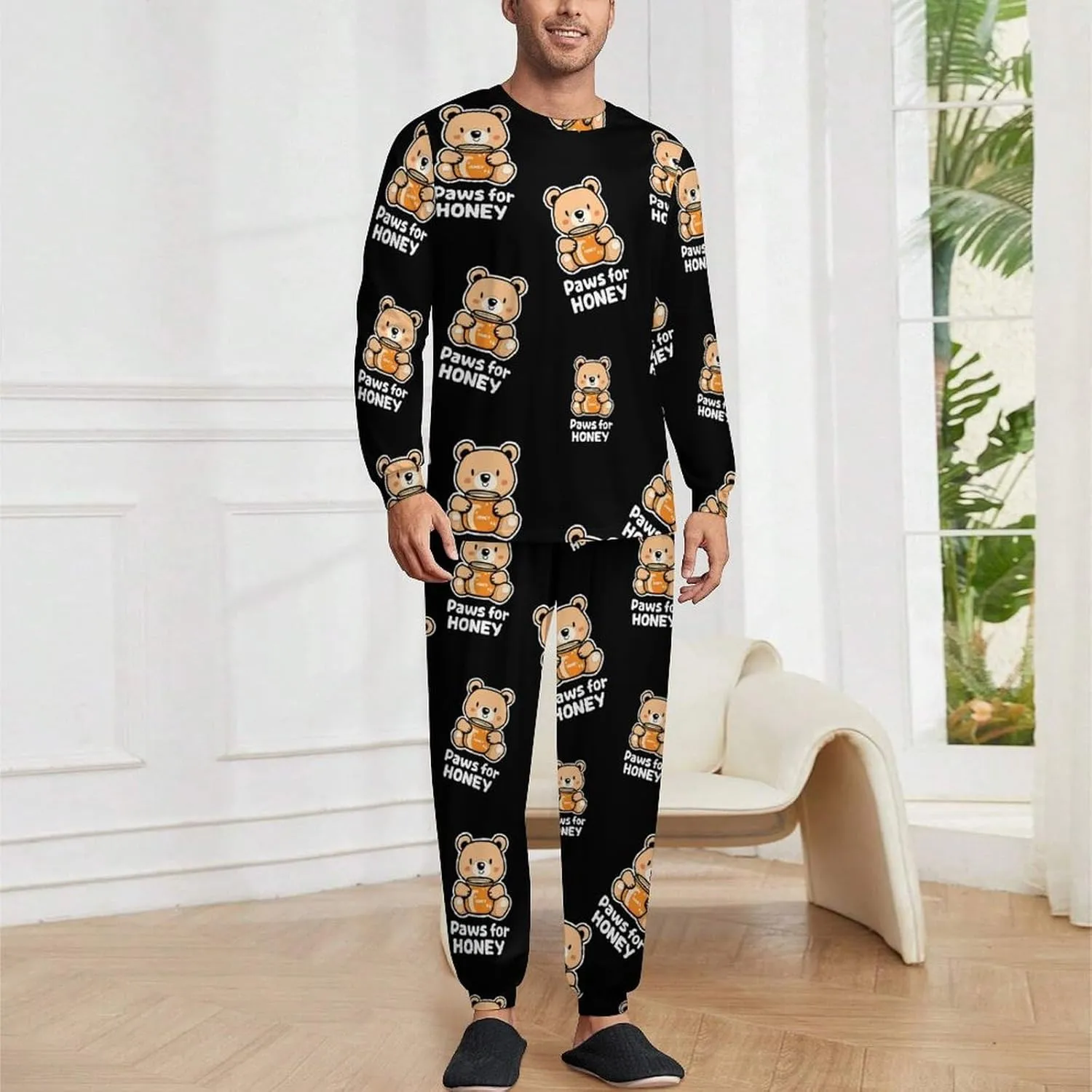 Bear Paws for Honey Soft Mens Pajamas Set Round Neck Pullover Long Sleeve And Pants Loungewear 2 Piece Pjs Set