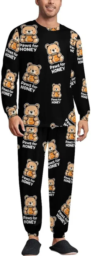 Bear Paws for Honey Soft Mens Pajamas Set Round Neck Pullover Long Sleeve And Pants Loungewear 2 Piece Pjs Set