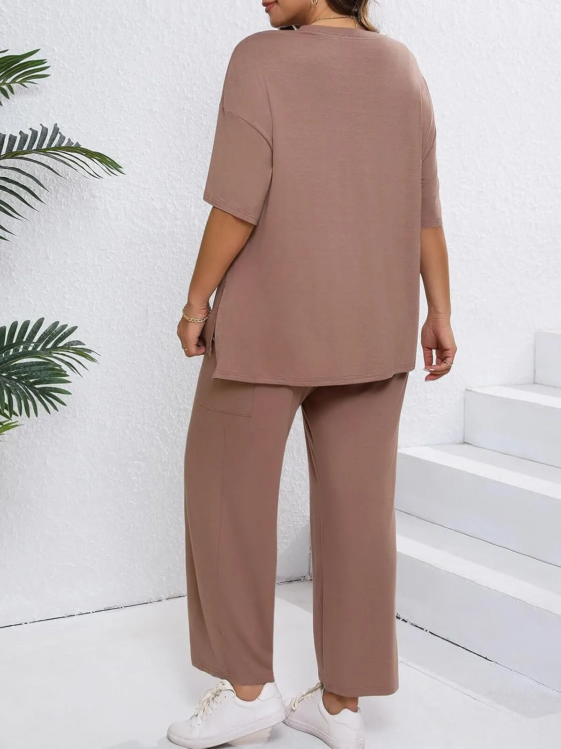 Beautife Womens Plus Size Lounge Sets Short Sleeve Tops Wide Leg Pants 2 Piece Outfits Tracksuit with Pockets