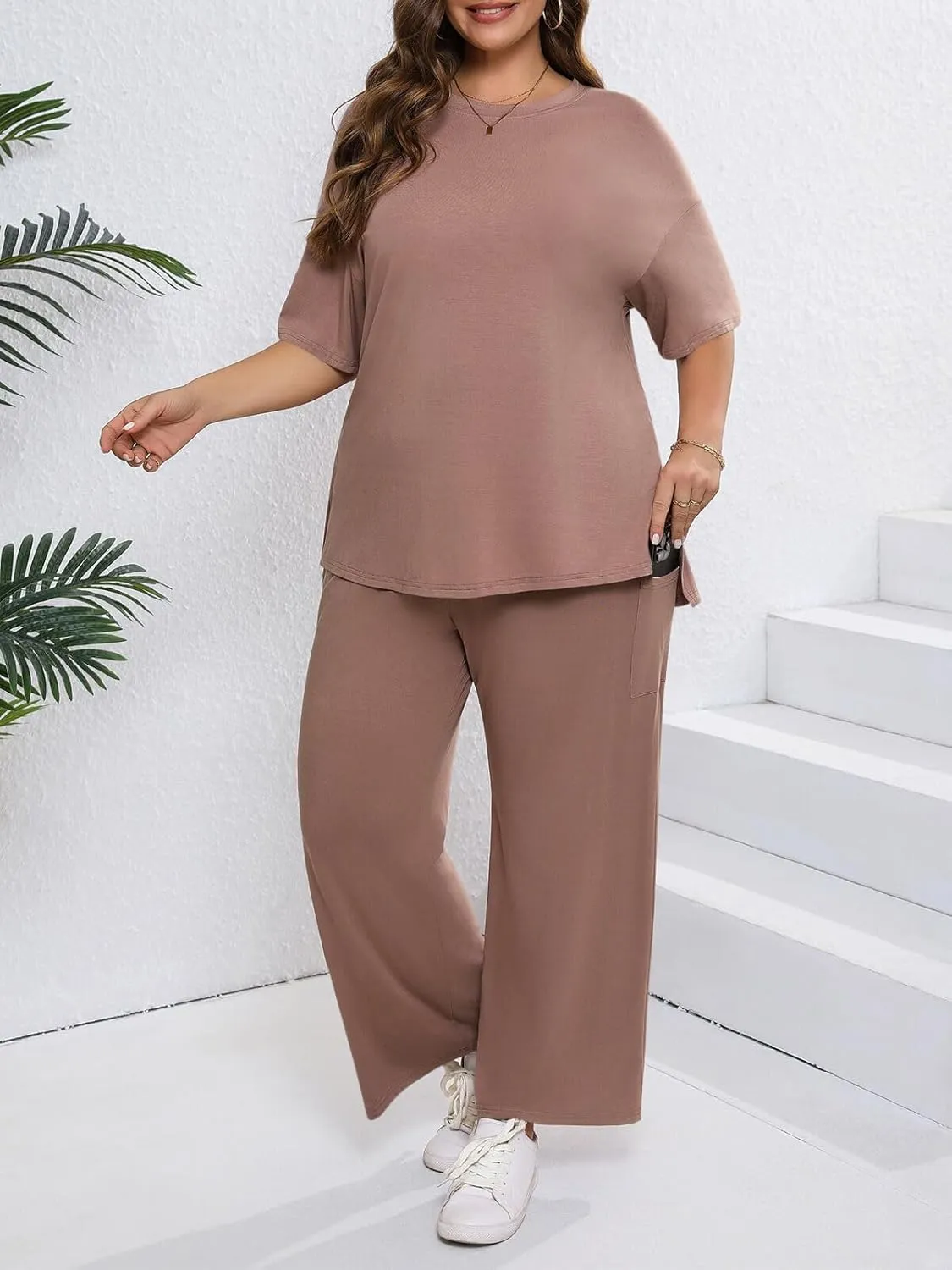 Beautife Womens Plus Size Lounge Sets Short Sleeve Tops Wide Leg Pants 2 Piece Outfits Tracksuit with Pockets