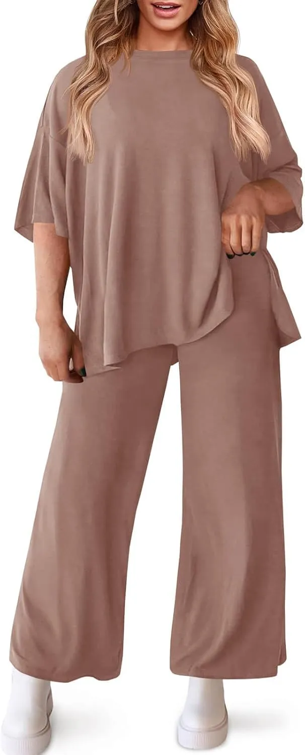 Beautife Womens Plus Size Lounge Sets Short Sleeve Tops Wide Leg Pants 2 Piece Outfits Tracksuit with Pockets