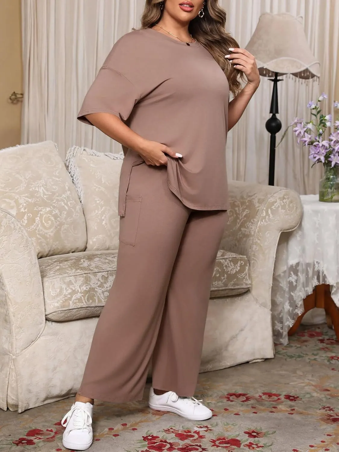 Beautife Womens Plus Size Lounge Sets Short Sleeve Tops Wide Leg Pants 2 Piece Outfits Tracksuit with Pockets