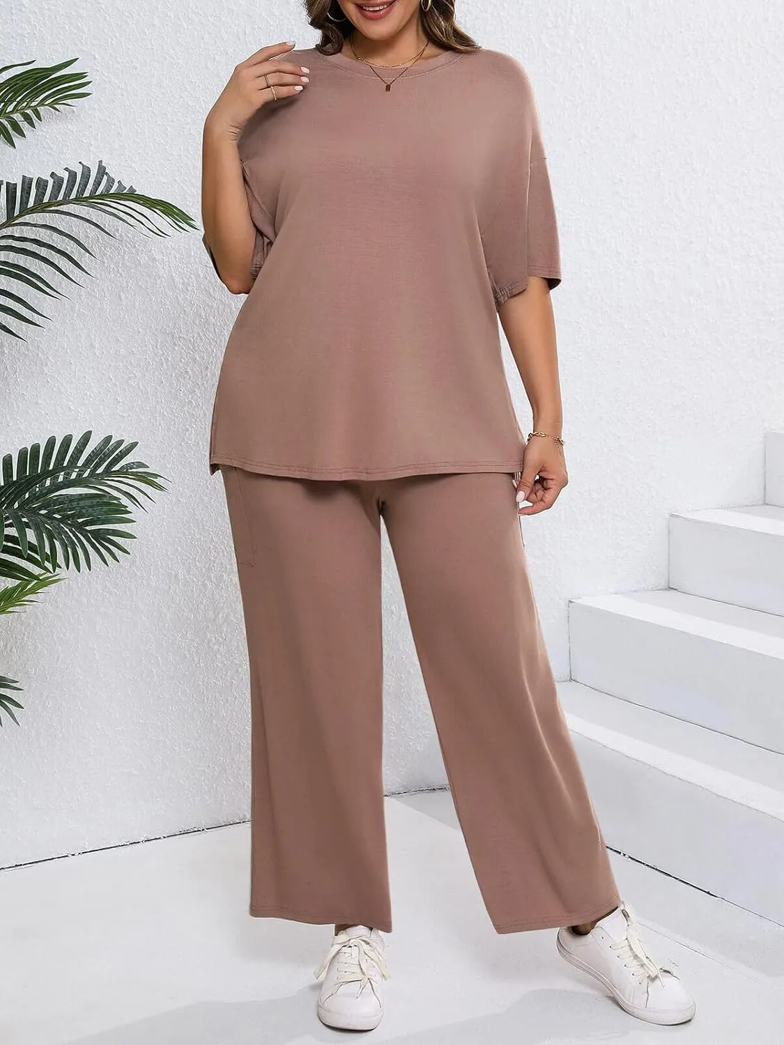 Beautife Womens Plus Size Lounge Sets Short Sleeve Tops Wide Leg Pants 2 Piece Outfits Tracksuit with Pockets