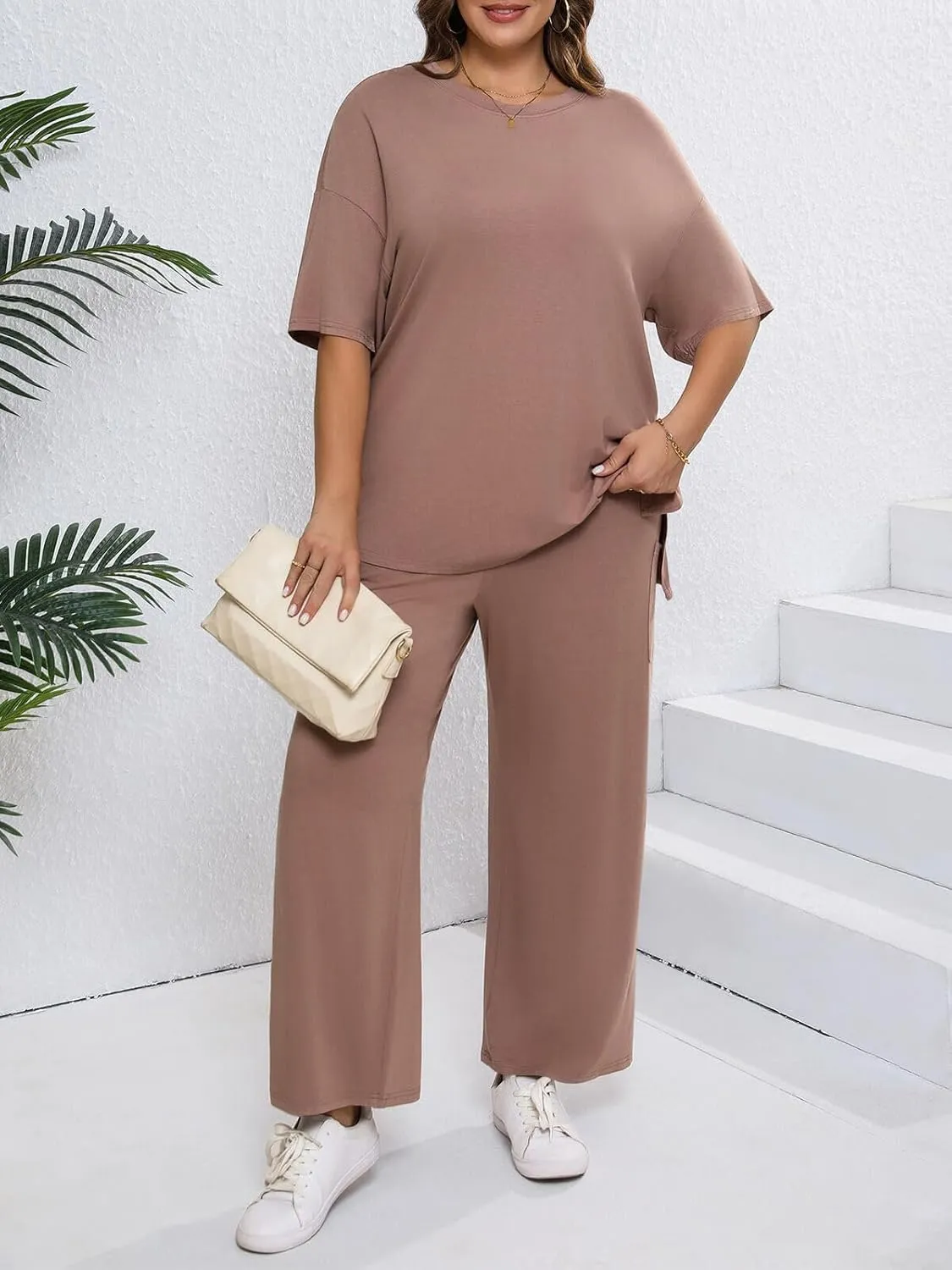 Beautife Womens Plus Size Lounge Sets Short Sleeve Tops Wide Leg Pants 2 Piece Outfits Tracksuit with Pockets