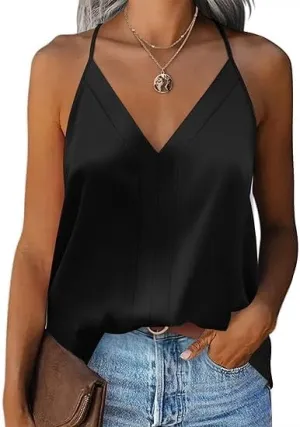 Beyove Womens Silk Satin Tank Tops V Neck Sleeveless Camisole Cami Spaghetti Straps Blouse Summer Loose Racerback Shirt
