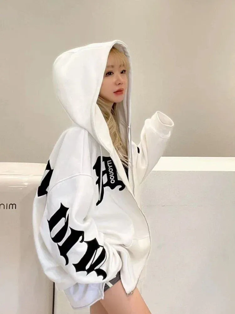 Black Friday Sonicelife Letter Printed Zip Hoodie Women Gothic Grunge Punk Hooded Oversize Jacket Coats Streetwear Sweatshirts for Female Tops