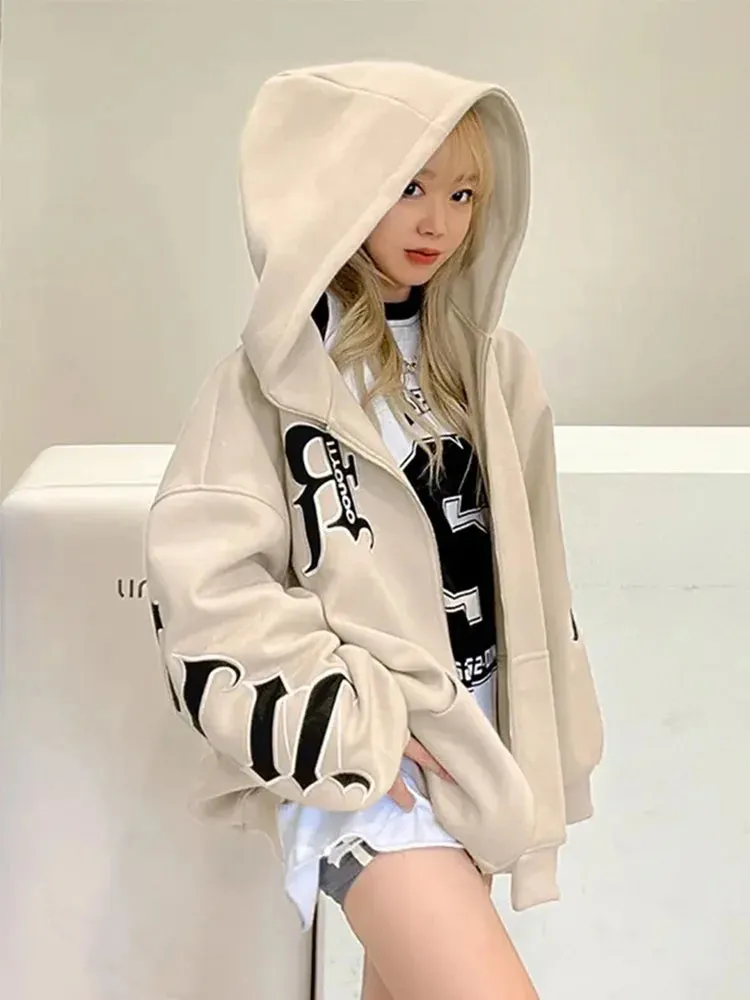 Black Friday Sonicelife Letter Printed Zip Hoodie Women Gothic Grunge Punk Hooded Oversize Jacket Coats Streetwear Sweatshirts for Female Tops