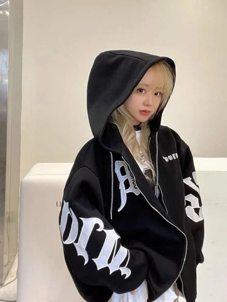 Black Friday Sonicelife Letter Printed Zip Hoodie Women Gothic Grunge Punk Hooded Oversize Jacket Coats Streetwear Sweatshirts for Female Tops