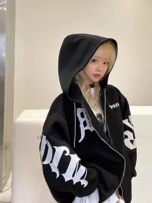 Black Friday Sonicelife Letter Printed Zip Hoodie Women Gothic Grunge Punk Hooded Oversize Jacket Coats Streetwear Sweatshirts for Female Tops