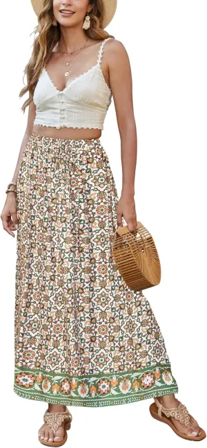 Bluetime Women Floral Print Long Skirt Boho Summer Pleated Elastic High Waisted Casual Maxi Skirt