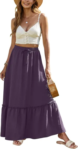 Bluetime Women Flowy Long Skirt Summer Pleated Elastic High Waisted Casual Tiered Maxi Skirt