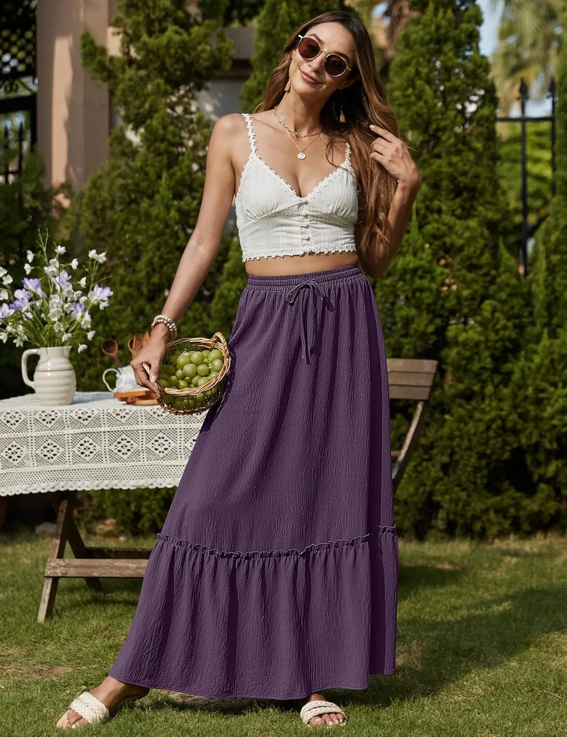 Bluetime Women Flowy Long Skirt Summer Pleated Elastic High Waisted Casual Tiered Maxi Skirt