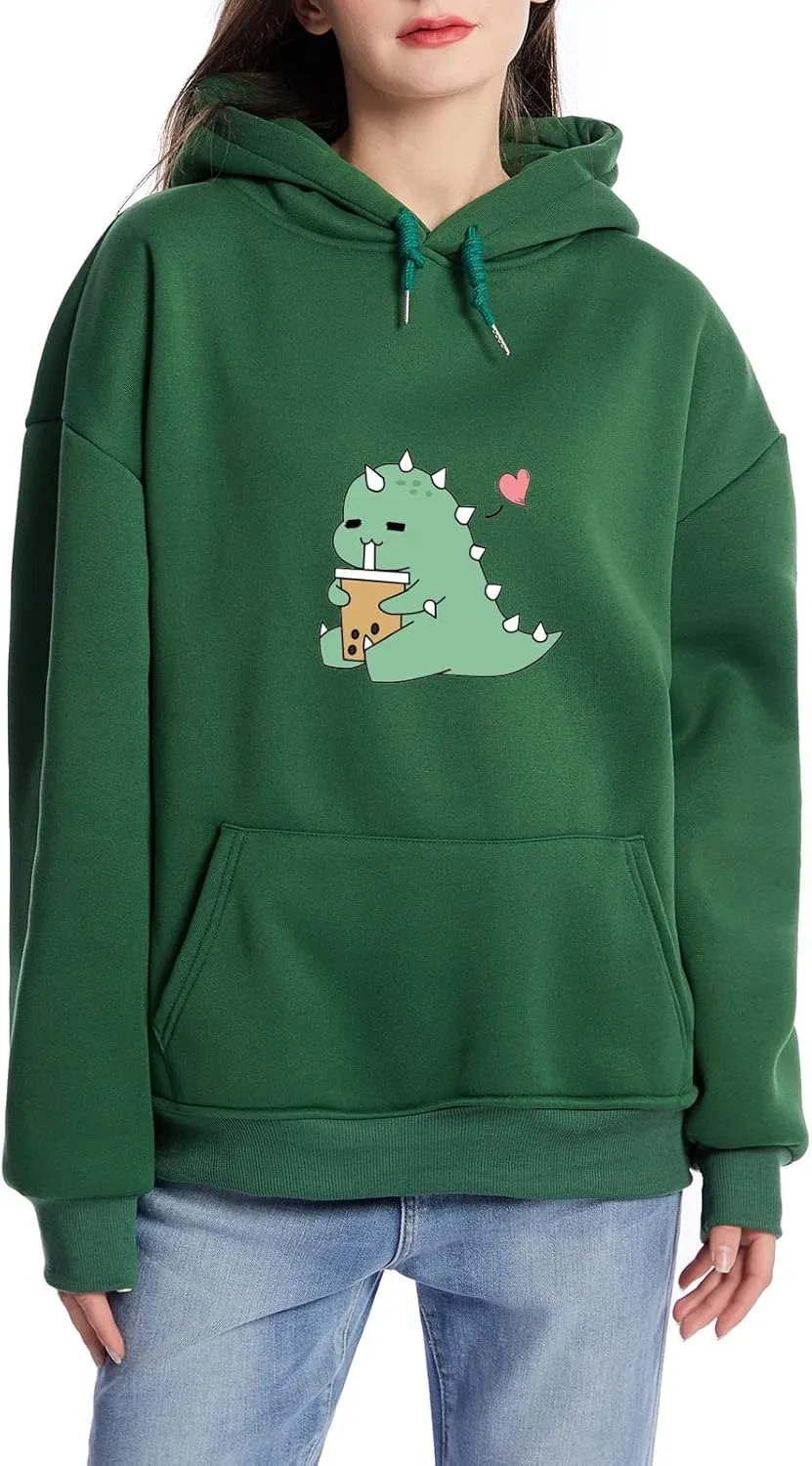 Bobeutou Cute Dinosaur Hoodie for Women Hooded Sweatshirt Long Sleeve Hoodies for Teen Girls Aesthetic Tops with Pocket