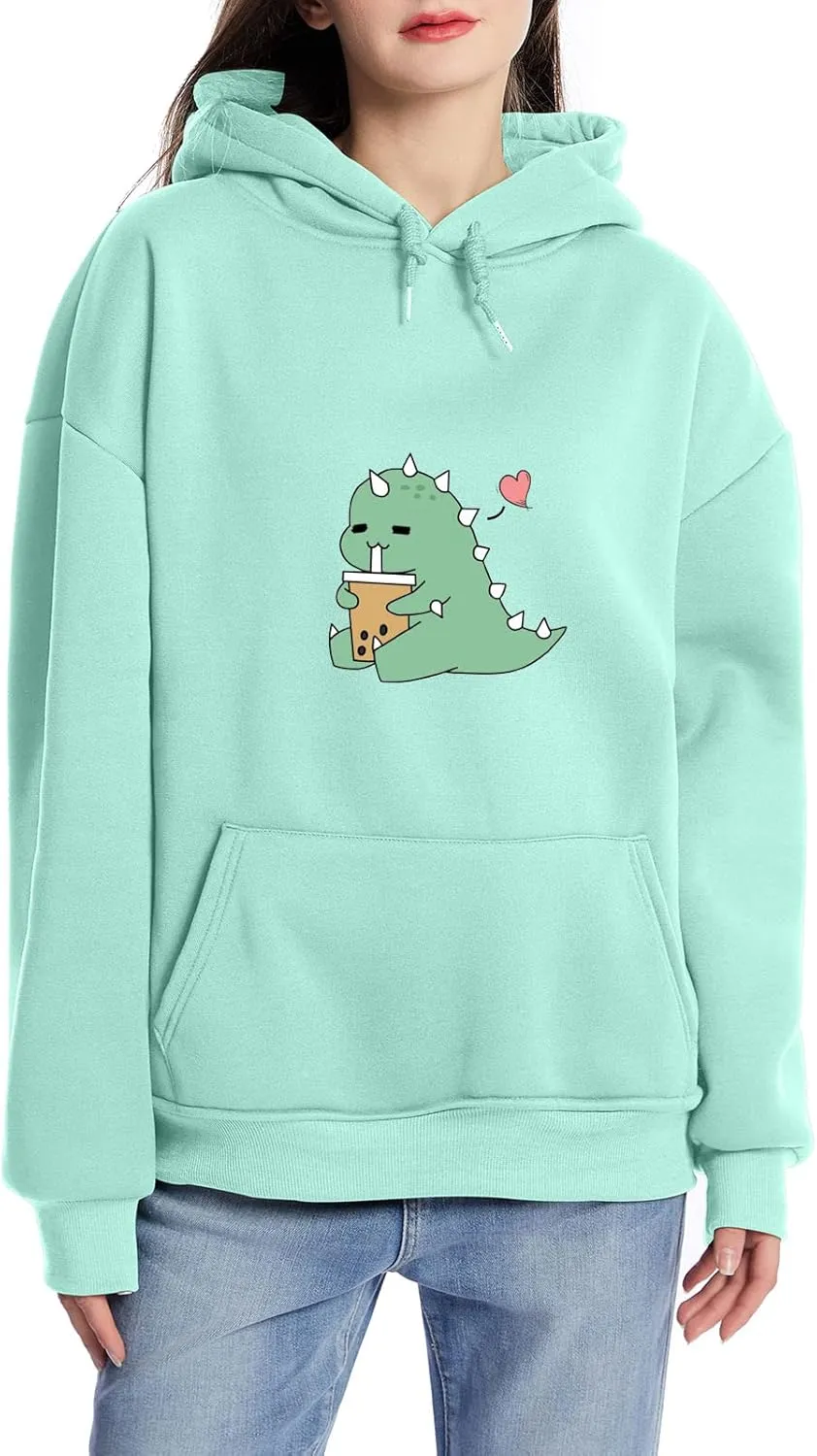Bobeutou Cute Dinosaur Hoodie for Women Hooded Sweatshirt Long Sleeve Hoodies for Teen Girls Aesthetic Tops with Pocket