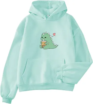 Bobeutou Cute Dinosaur Hoodie for Women Hooded Sweatshirt Long Sleeve Hoodies for Teen Girls Aesthetic Tops with Pocket