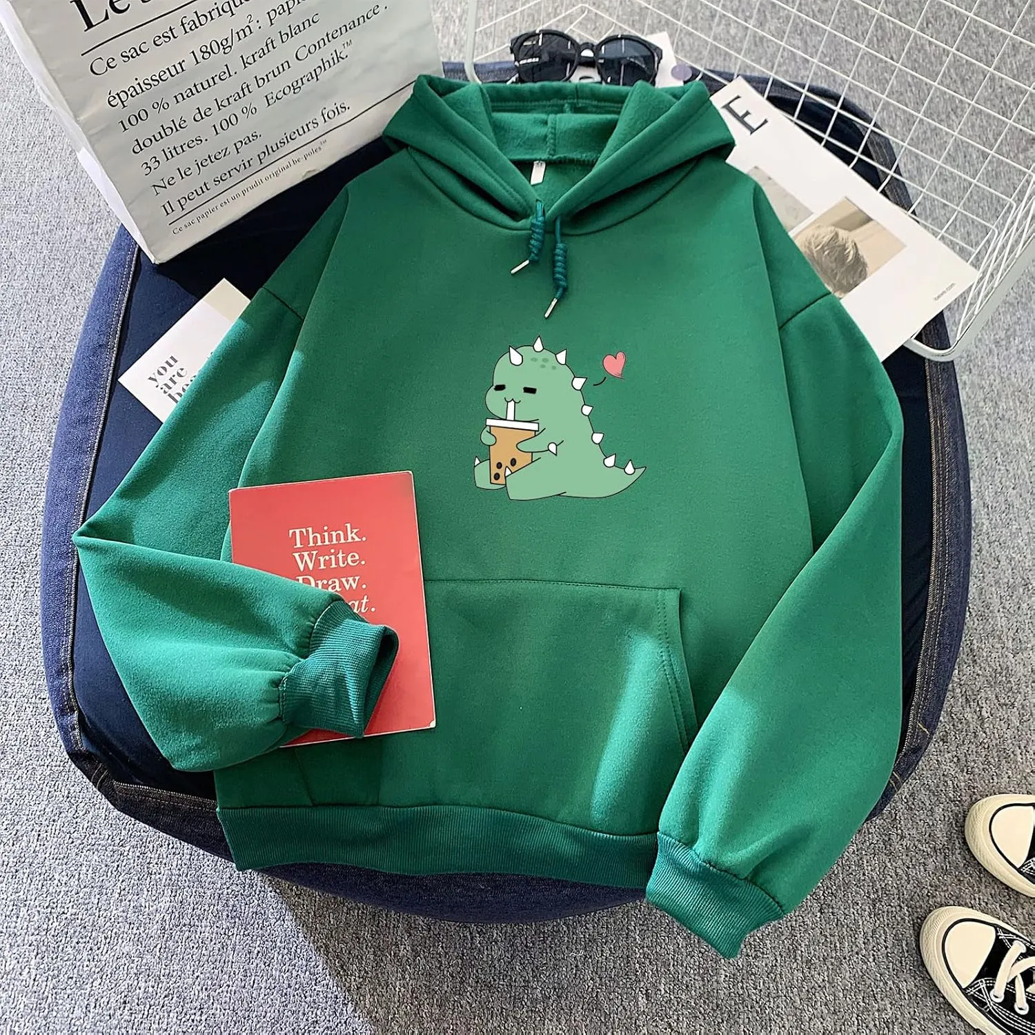 Bobeutou Cute Dinosaur Hoodie for Women Hooded Sweatshirt Long Sleeve Hoodies for Teen Girls Aesthetic Tops with Pocket