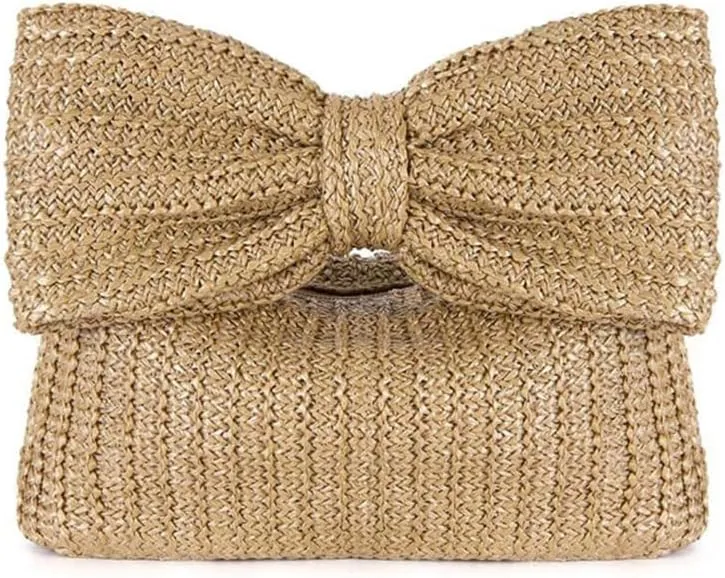 Bow Straw Clutch Purse Hand-woven Summer Beach Bag for Women Vacation Woven Handbags for Vacation Wedding Party Evening Bag