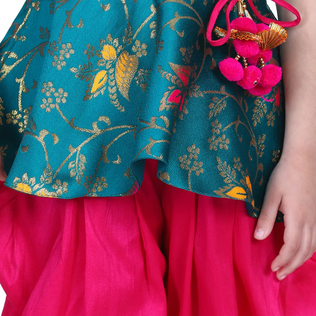 BownBee Flower Print Sleeveless Top With Silk Dhoti - Green
