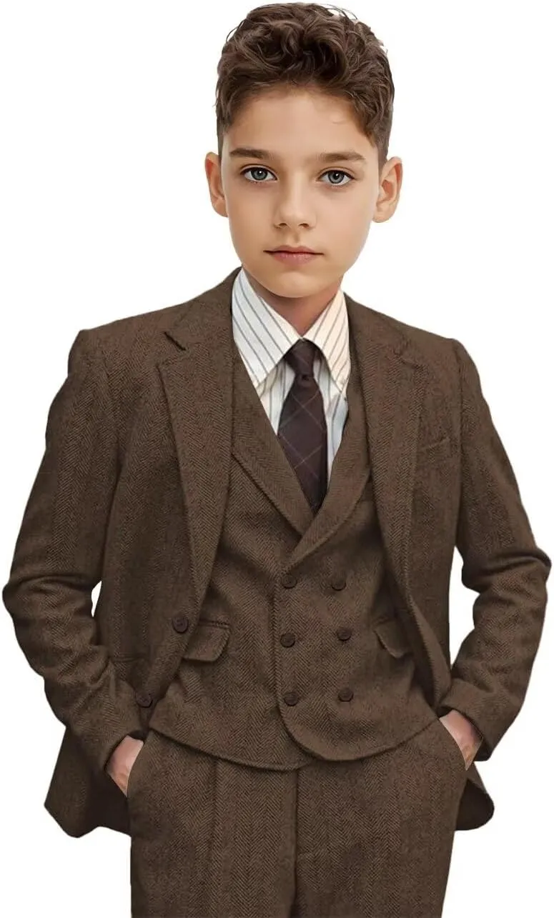 Boys Suit 3 Piece Herringbone Tweed Suits for Kids Slim Fit Formal Wedding Party Tuxedo Jacket Vest Pants Set