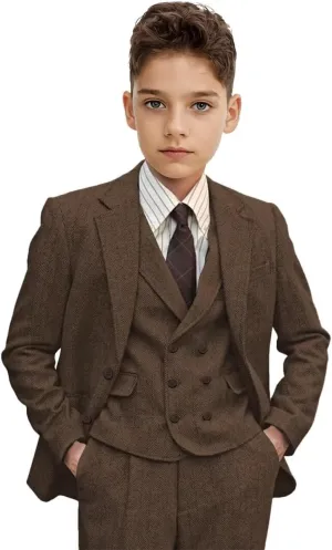 Boys Suit 3 Piece Herringbone Tweed Suits for Kids Slim Fit Formal Wedding Party Tuxedo Jacket Vest Pants Set