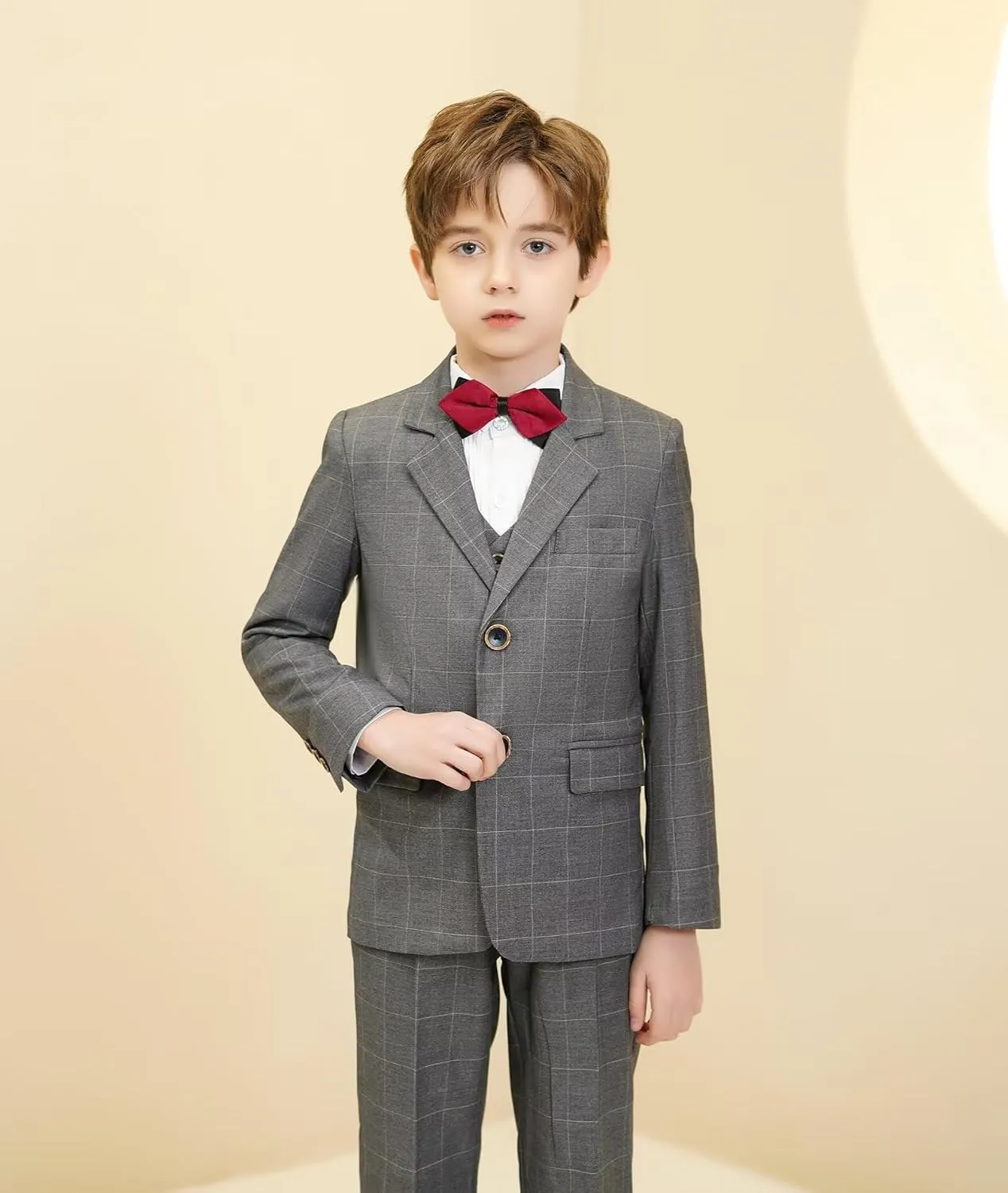 Boys Suit Plaid Stripes Suits for Boys 3 Piece Formal Wedding Outfit Slim Fit Suit Blazer Vest Pants Set