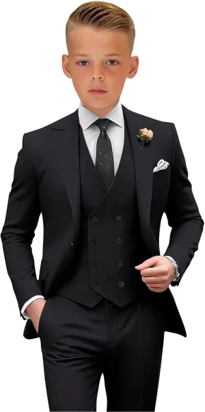 Boys Tuxedos 3 Piece Boys' Suit Slim Fit Suits for Boys Kids Business Jacket Vest Pants Set Formal Peak Lapel Outfit