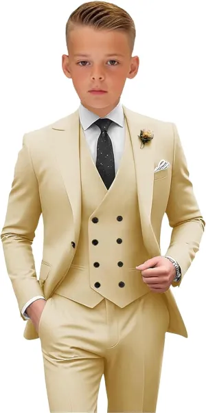 Boys Tuxedos 3 Piece Boys' Suit Slim Fit Suits for Boys Kids Business Jacket Vest Pants Set Formal Peak Lapel Outfit