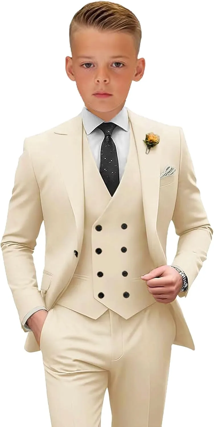 Boys Tuxedos 3 Piece Boys' Suit Slim Fit Suits for Boys Kids Business Jacket Vest Pants Set Formal Peak Lapel Outfit