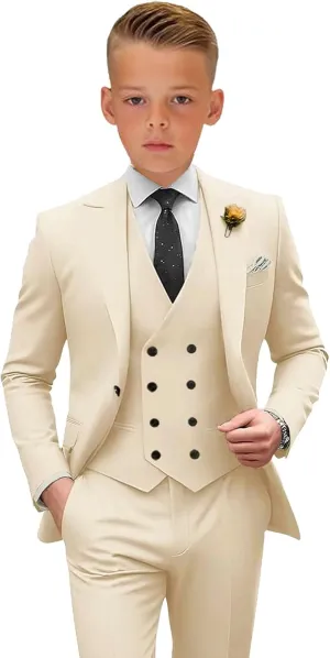 Boys Tuxedos 3 Piece Boys' Suit Slim Fit Suits for Boys Kids Business Jacket Vest Pants Set Formal Peak Lapel Outfit