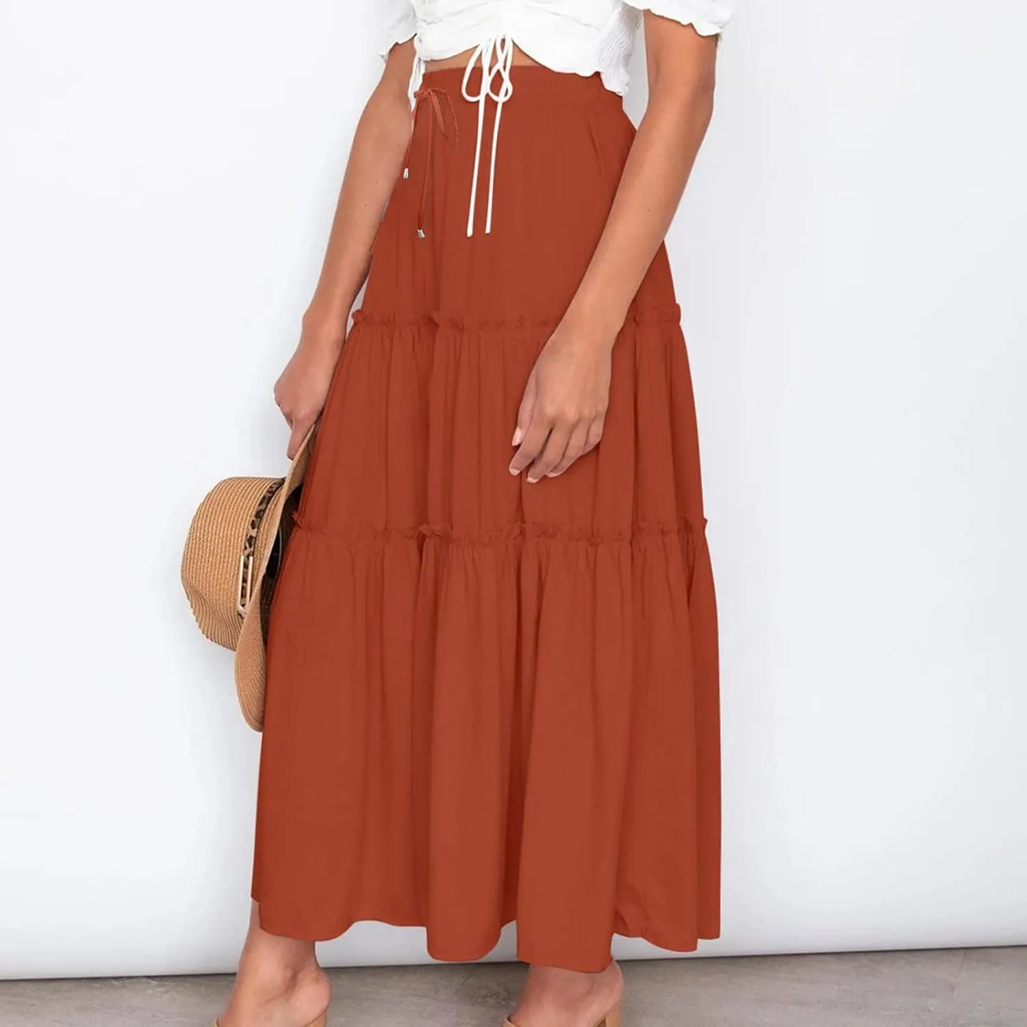 Casual Elastic Waist Summer Boho Skirts for Women Plus Size Stretchy Drawstring Maxi Skirt Layered Ruffle Dress