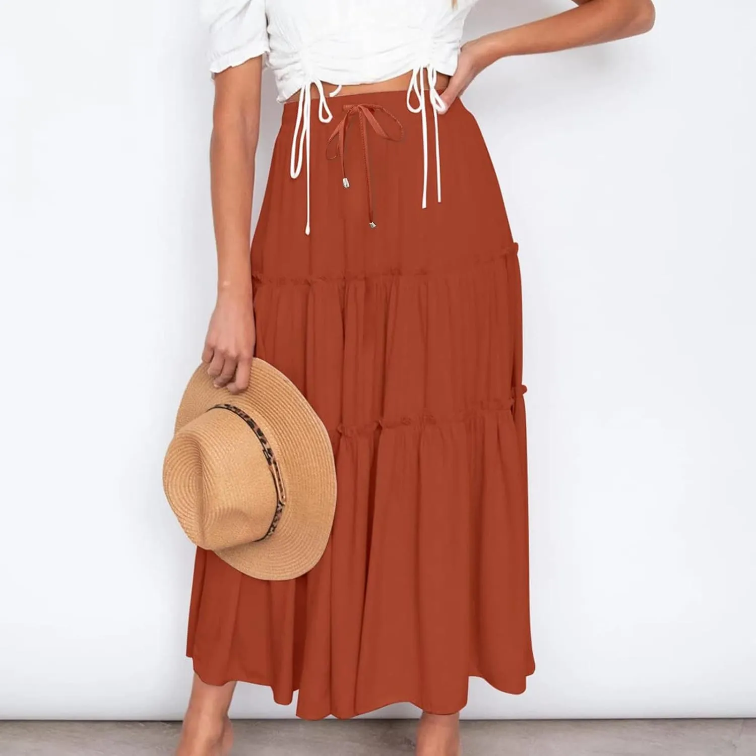 Casual Elastic Waist Summer Boho Skirts for Women Plus Size Stretchy Drawstring Maxi Skirt Layered Ruffle Dress
