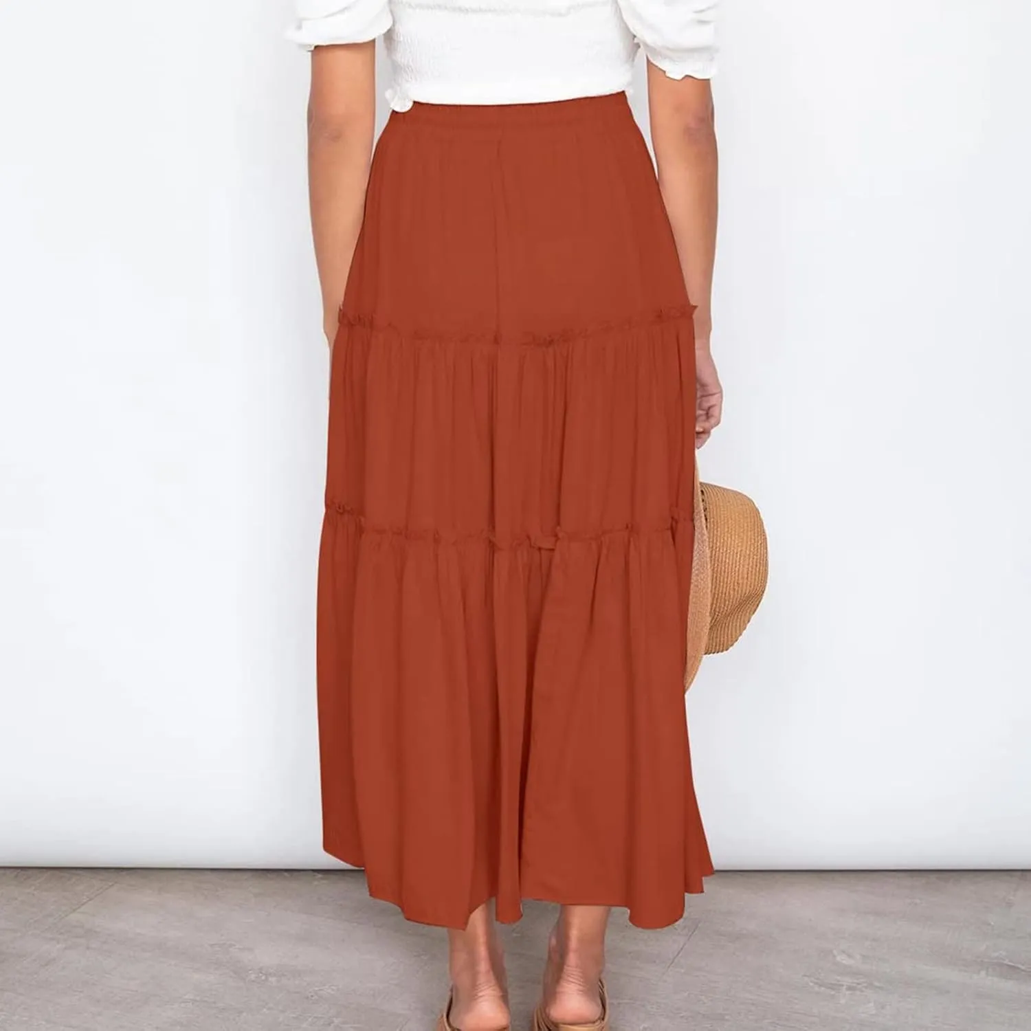 Casual Elastic Waist Summer Boho Skirts for Women Plus Size Stretchy Drawstring Maxi Skirt Layered Ruffle Dress