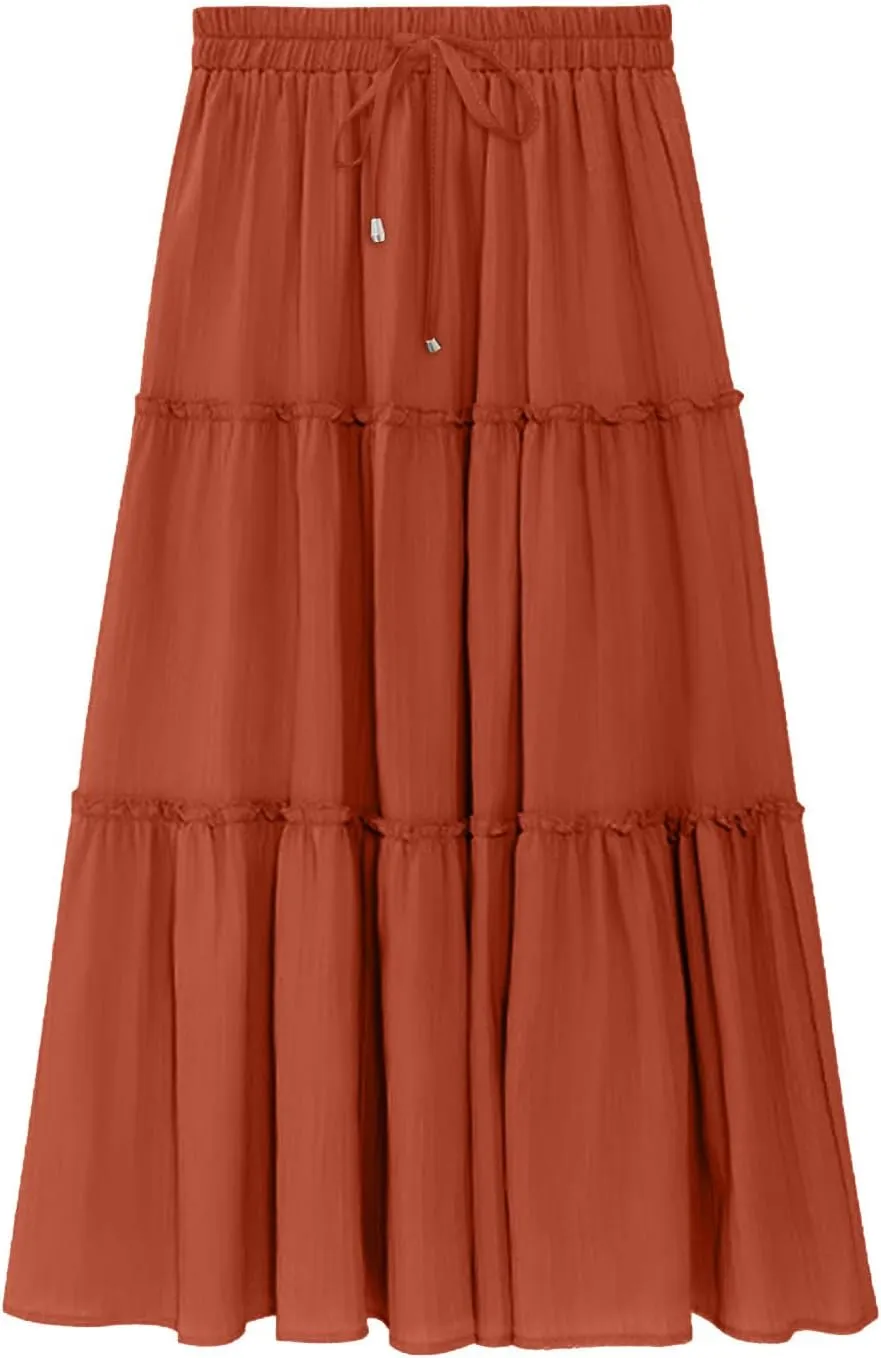 Casual Elastic Waist Summer Boho Skirts for Women Plus Size Stretchy Drawstring Maxi Skirt Layered Ruffle Dress