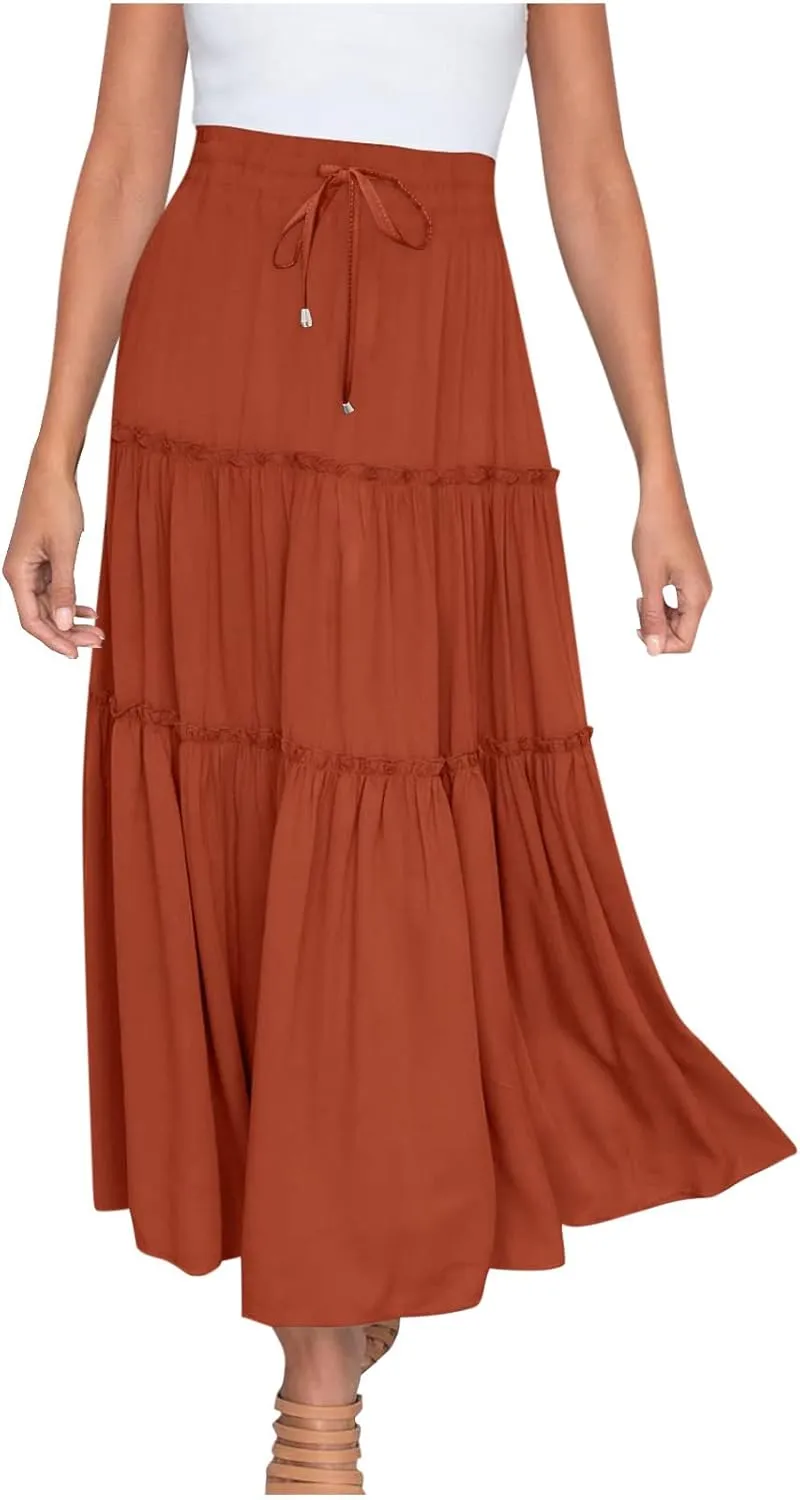 Casual Elastic Waist Summer Boho Skirts for Women Plus Size Stretchy Drawstring Maxi Skirt Layered Ruffle Dress