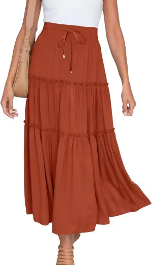 Casual Elastic Waist Summer Boho Skirts for Women Plus Size Stretchy Drawstring Maxi Skirt Layered Ruffle Dress