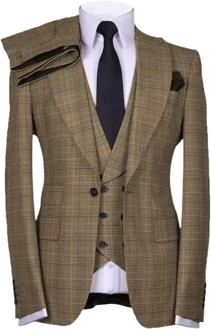 Casual Men's Suits Regular Fit 3 Pieces Double Breasted Plaid Wool Tuxedos Business Blazer Vest Pants Wedding