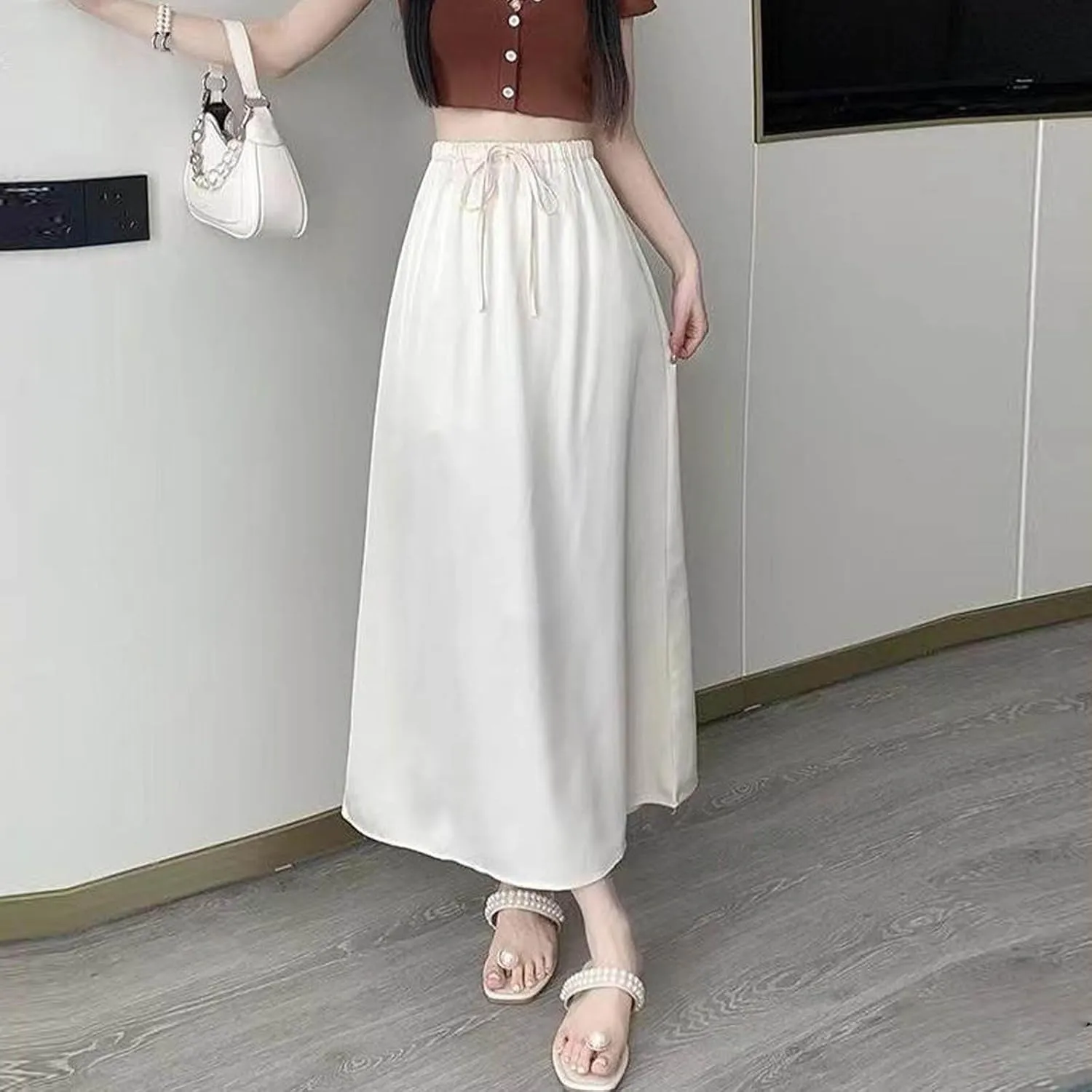 Casual Skirts for Women A Line Midi Skirt Elastic High Waisted Swing Pleated Dresses Solid Color Beach Boho Dress